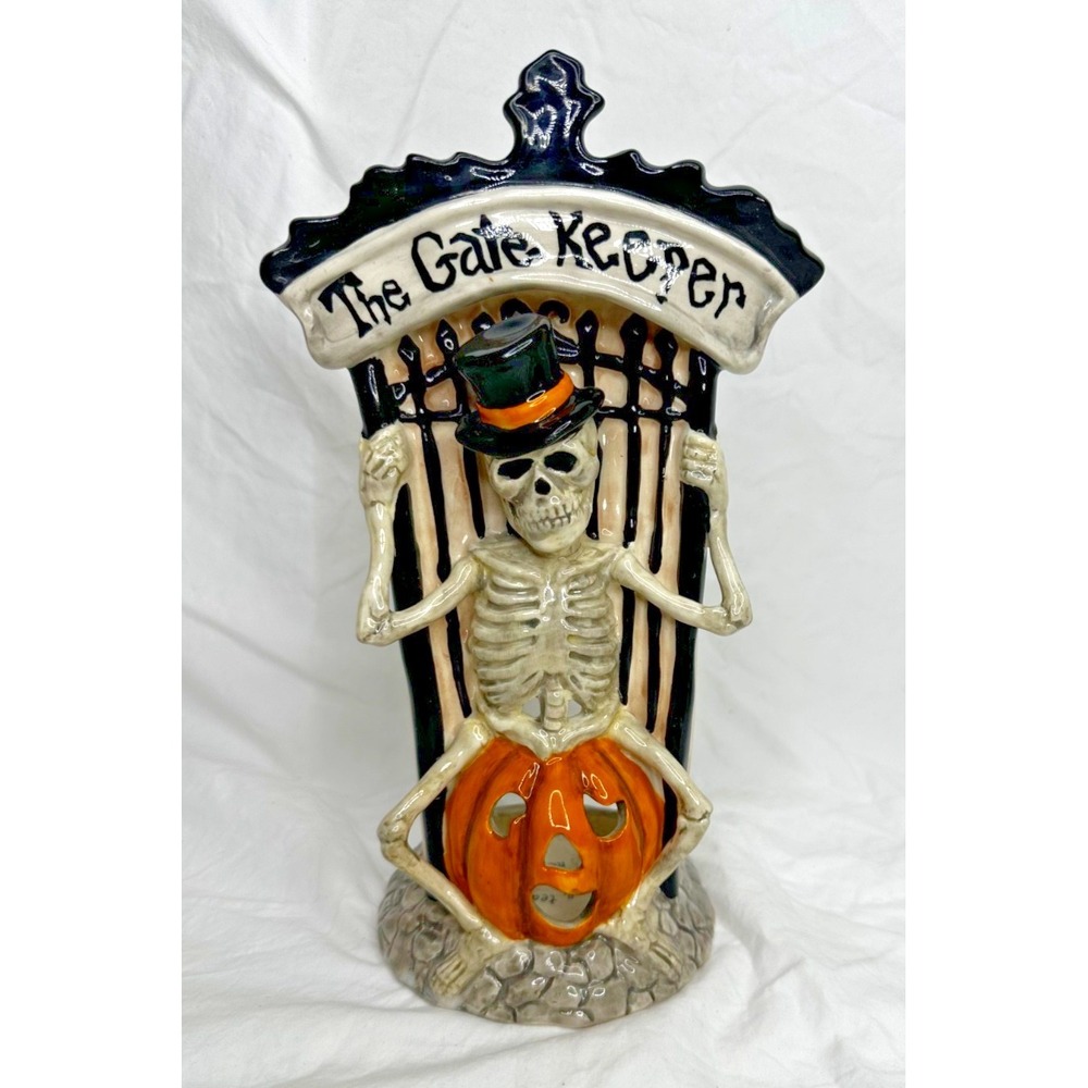 Blue Sky Clayworks The Gatekeeper Tealight Candle Skeleton Pumpkin Halloween